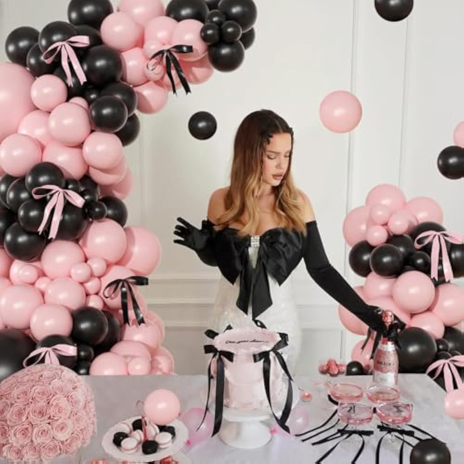 Pink Black Balloon Garland Arch Kit, 141Pcs Pink And Black Balloons Different Sizes 18 10 5 Inch And Bows For Coquette Birthday Wedding Baby Shower Bridal Shower Party Decorations