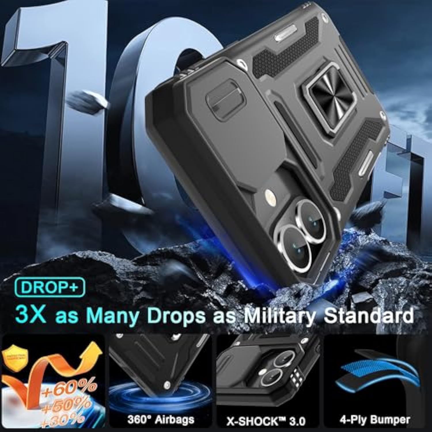 Case For Iphone 16 Plus With Slide Camera Cover+Screen Protector (1 Pack), Rotated Ring Kickstand Military Grade Shockproof Protective Cover-Black