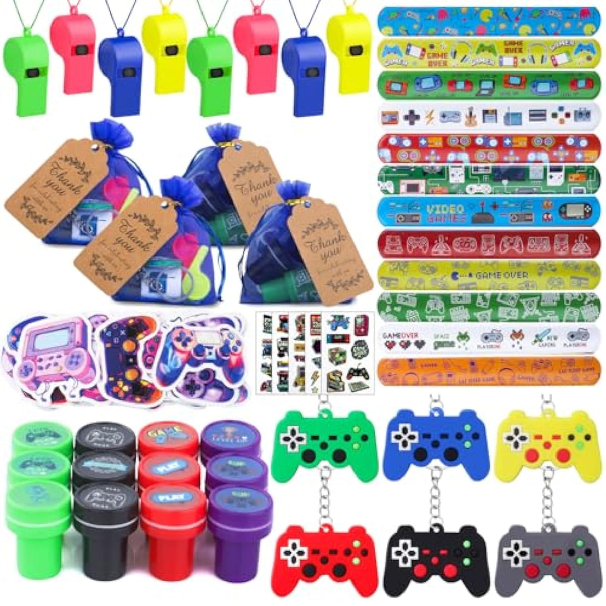 134 Pcs Video Game Party Favors, Includes Video Game Slap Bracelet Keychain Stamper Whistle Mesh Bag Card Stickers Tattoos For Kids Gaming Party Favors Birthday Goodie Bag Fillers