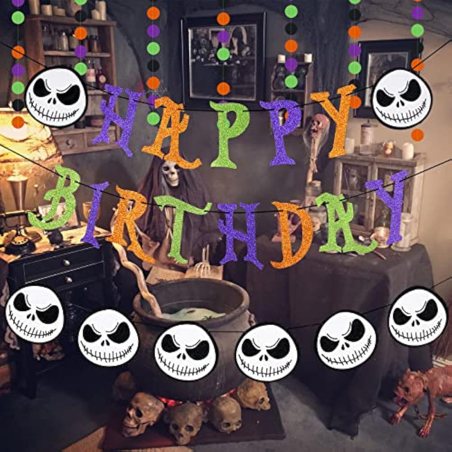 Jack Skellington Birthday Banner And Skull Garland Banner For Halloween Horror Nightmare Christmas Birthday Banner Decorations