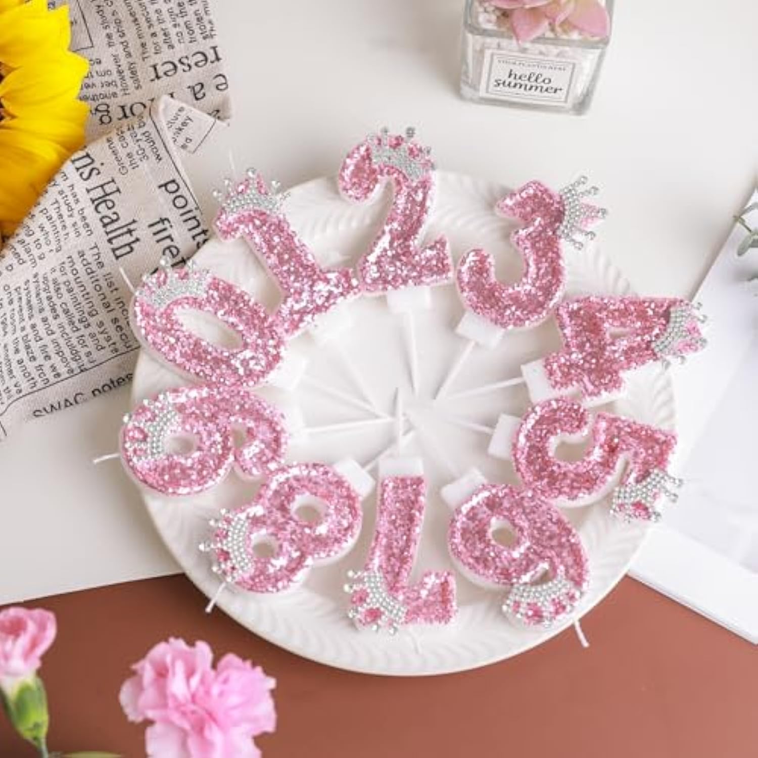 Birthday Number Candles,Pink Crown Birthday Candles For Cake,Glitter Number 7 Candle Cake Topper With Sequins For Girls,Women, Anniversary Celebrations Supplies (Pink 7)