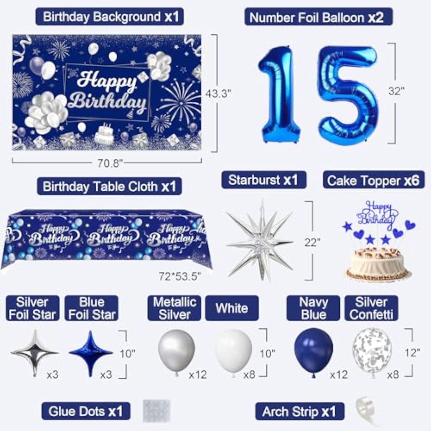 Blue & Silver 15th Birthday Party Decor: Banner, Balloons, Tablecloth & Supplies