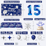 Blue & Silver 15th Birthday Party Decor: Banner, Balloons, Tablecloth & Supplies