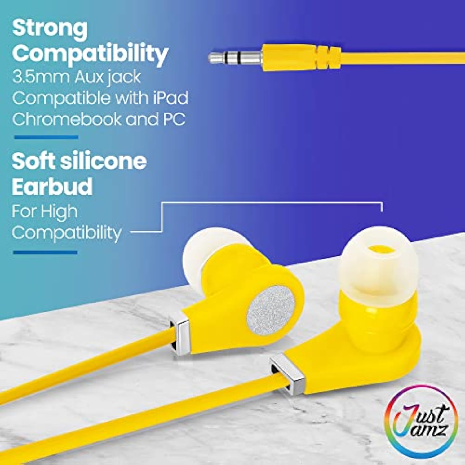 JustJamz Bits 10 Pack Ear Buds Bulk – Earbuds for Kids and School – Multipack with 3.5mm Jack – Cheap Headphones for Classroom, Events, Business and Travel