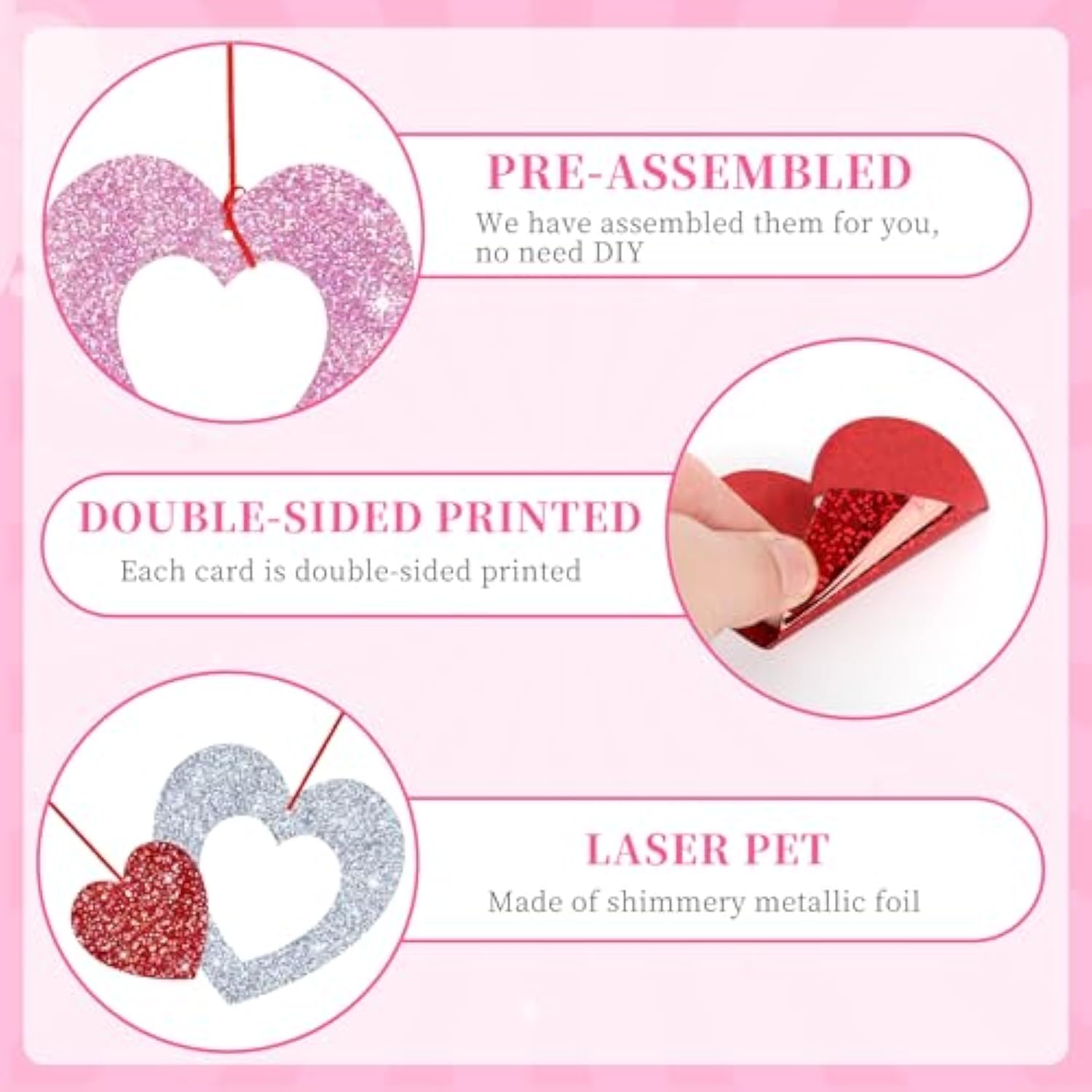 48 Pcs Valentine'S Day Decorations Glitter Valentines Heart Garland Ornament Red Pink Silver Heart Hanging Swirls Ceiling Decorations For Valentines Day Galentines Day Party Supplies
