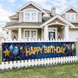 Happy Birthday Long Banner 118X20 Inch Royal Blue Gold Theme Party Backdrop Decoration Balloons Stars Polyester Fabric Large Event Supplies For Girls Or Boys Gifts Longs Banners