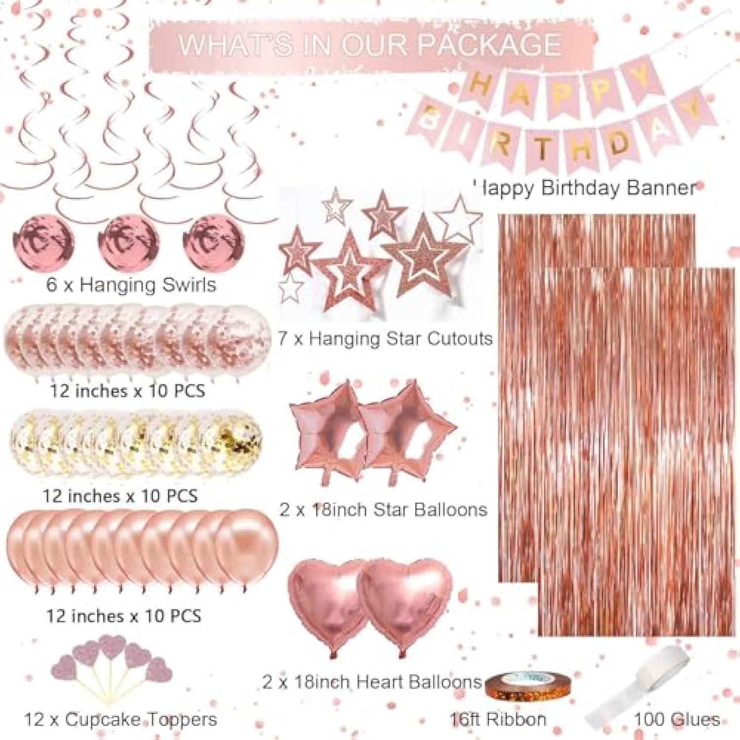 62pcs Rose Gold Birthday Decorations – Banner, Balloons, Fringe Curtain & Swirls