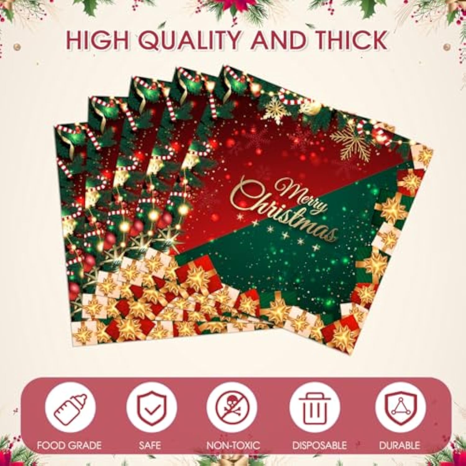 100Pcs Christmas Paper Napkins Red And Green Christmas Party Supplies Disposable 2-Ply Holiday Themed Napkins For Winter Xmas Holiday New Year Family Gathering Party Supplies