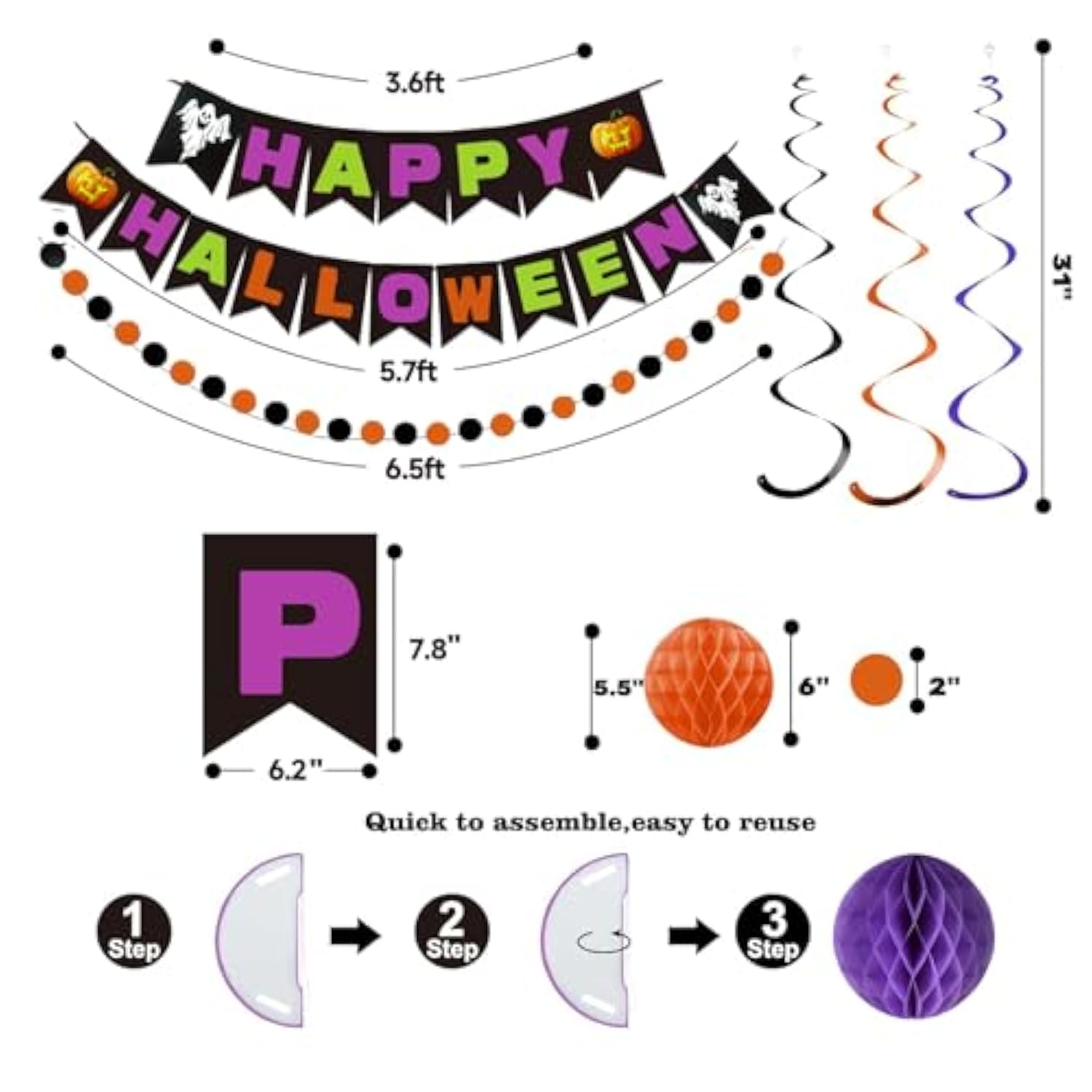 Happy Halloween Banner Orange Purple Black Honeycomb Ball Garland Party Decor