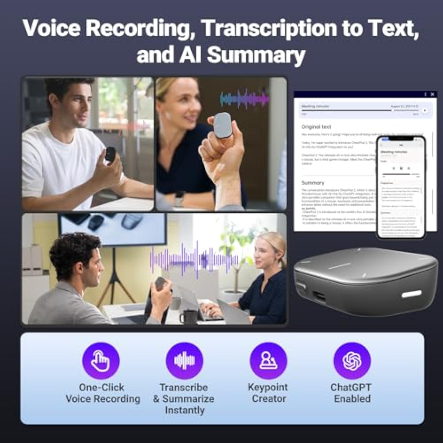 2025 Ai Wireless Mouse With Voice Recorder, Real-Time Transcribe & Ai Summarize, Detachable Presentation Click Powerpoint Presentations Remote, Air Mouse For Work /Lectures/Meetings (Advanced, Silver)