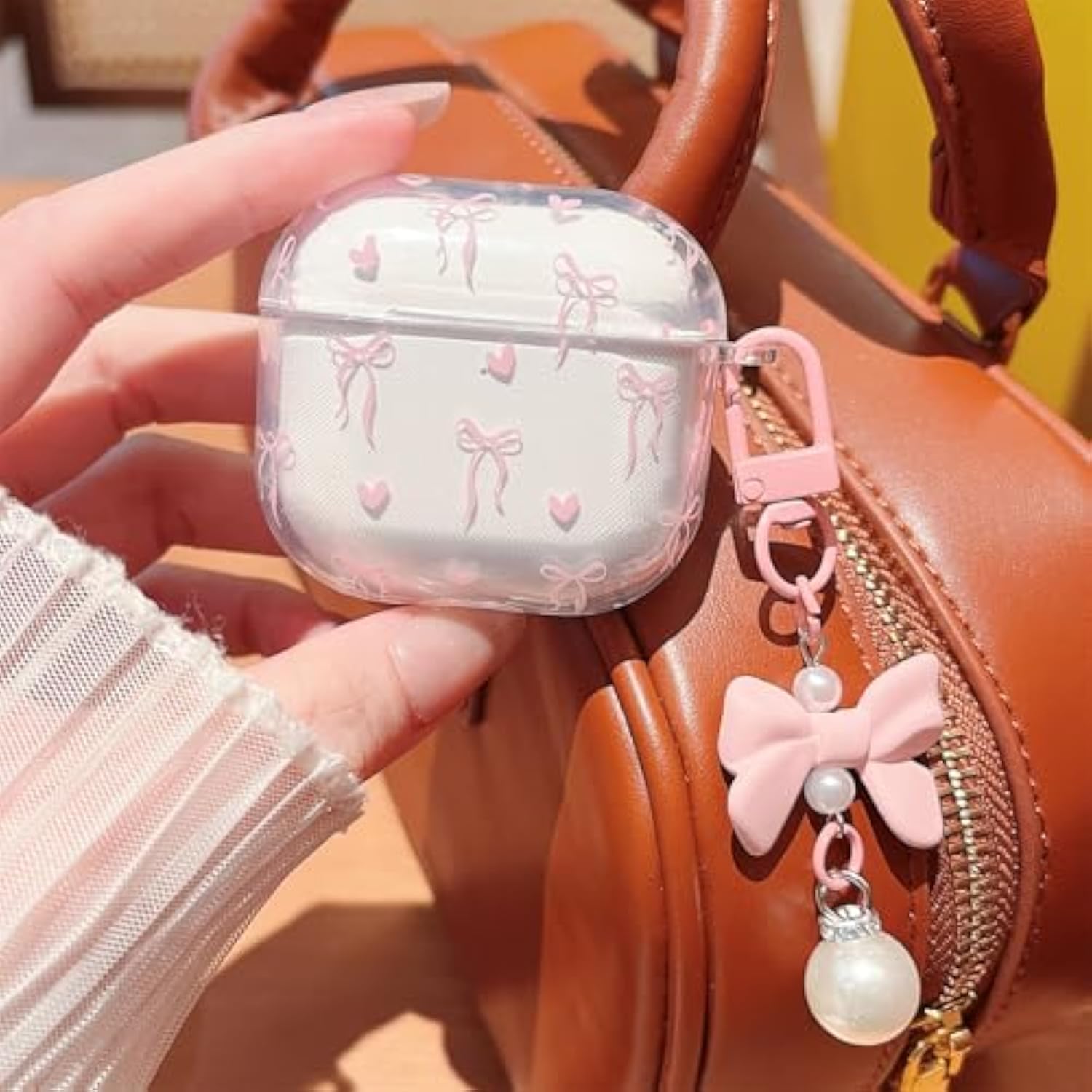 Compatible With Airpods 4 Clear Case,Cute Bow Ribbon Heart Pretty Aesthetic Design With Bow Pearl Keychain,Soft Tpu Protective Shockproof Case For Women Girl For Airpod 4-Pink