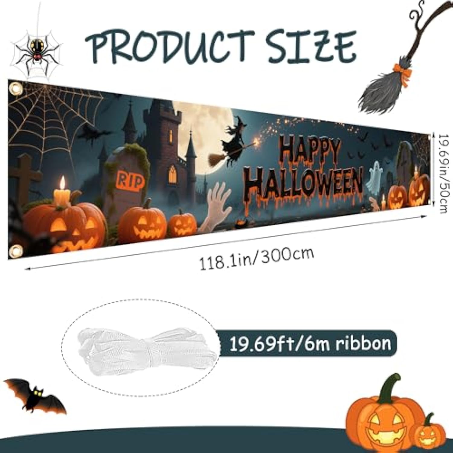 Large Happy Halloween Banner 120x20in Blue Yard Porch Fence Outdoor Decorations