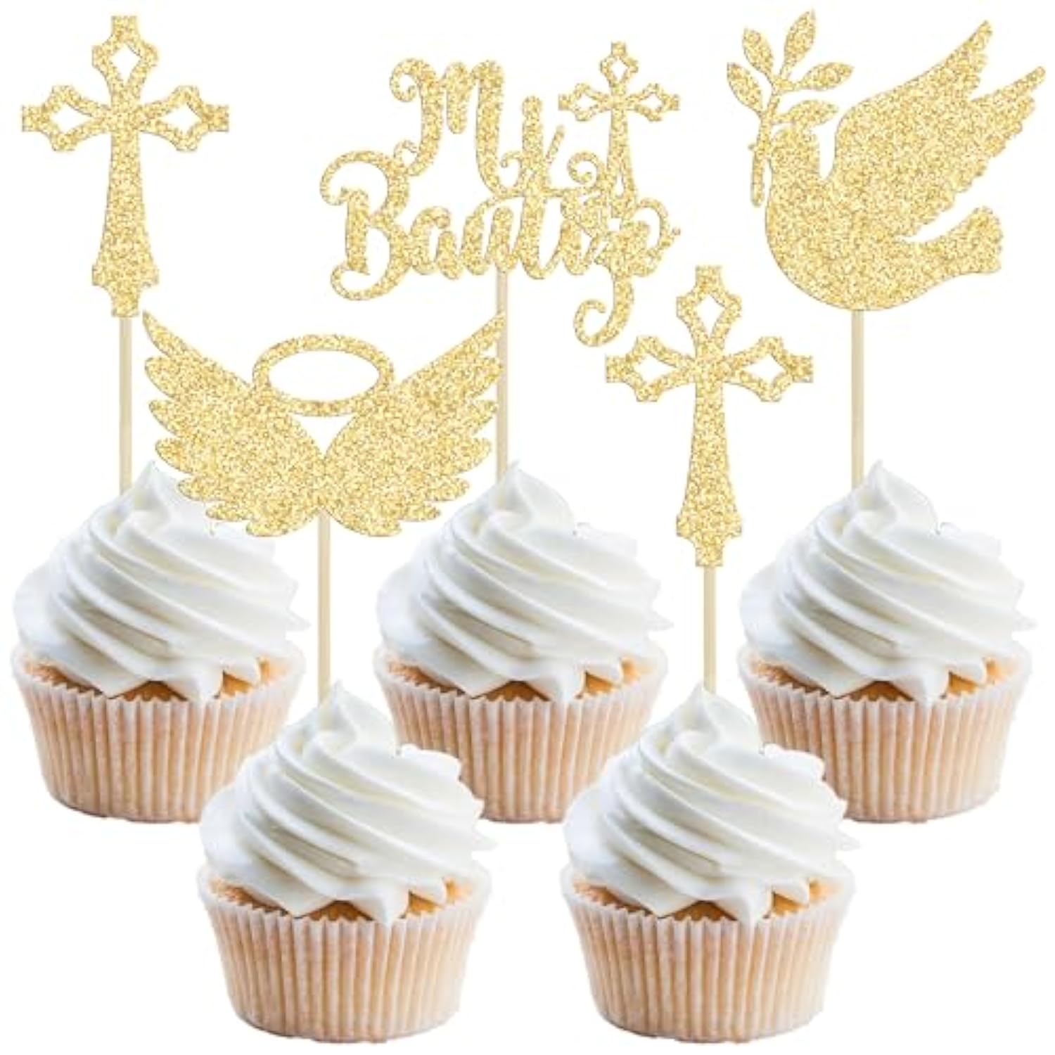 24Pcs Mi Bautizo God Bless Cupcake Toppers Dove Cross Cupcake Picks Christian Baptism Cake Decorations For Religious God Bless Baby Shower Kids Birthday Party Supplies Gold