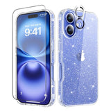 For 16 Case Clear Glitter, With Screen Protector + Camera Lens Protector, [Non-Yellowing] Shockproof Protective Phone Case, Women Girl Cute Cover For 16 6.1 Inch - Sparkle Clear