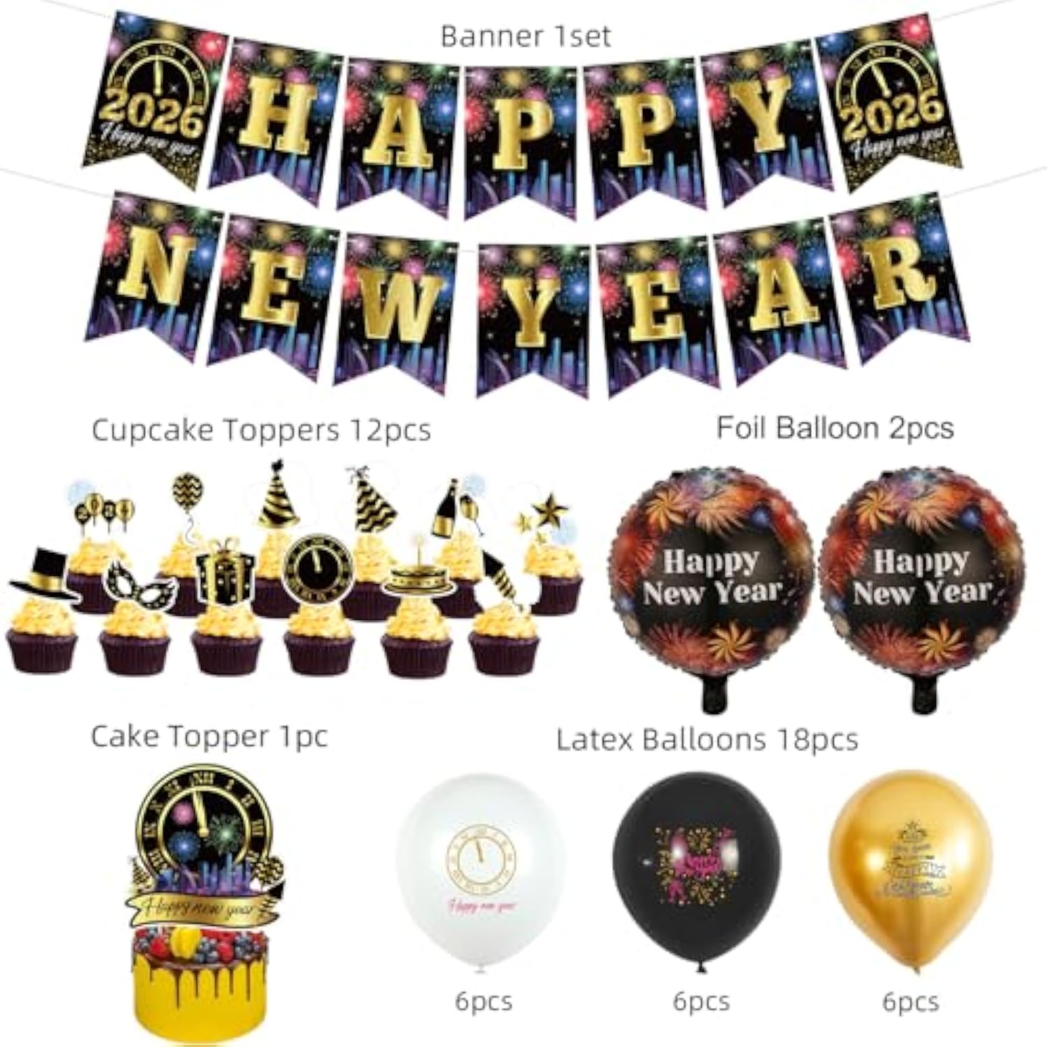New Year’s Eve 2026 Party Supplies Banner Fireworks Balloons Decor