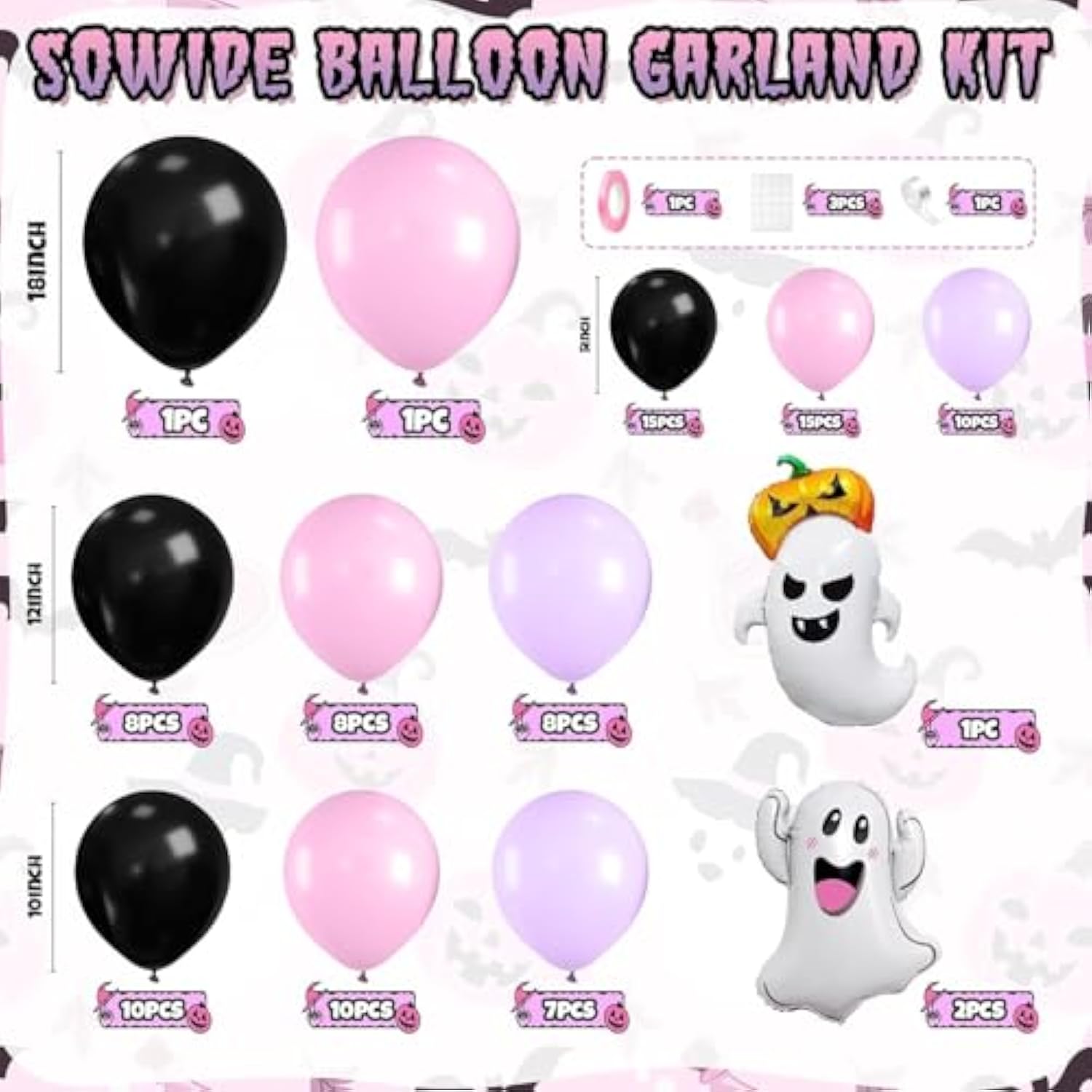 Halloween Balloon Arch Kit - Black, Pink, Purple with Ghost & Pumpkin Foil Balloons Decor