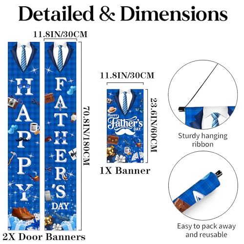 Happy Fathers Day Banner Decorations - Father's Day Hanging Porch Sign Party Decor Blue, Best Dad Ever Door Banner for Fathers Day Party 70.8 x 11.8 Inch