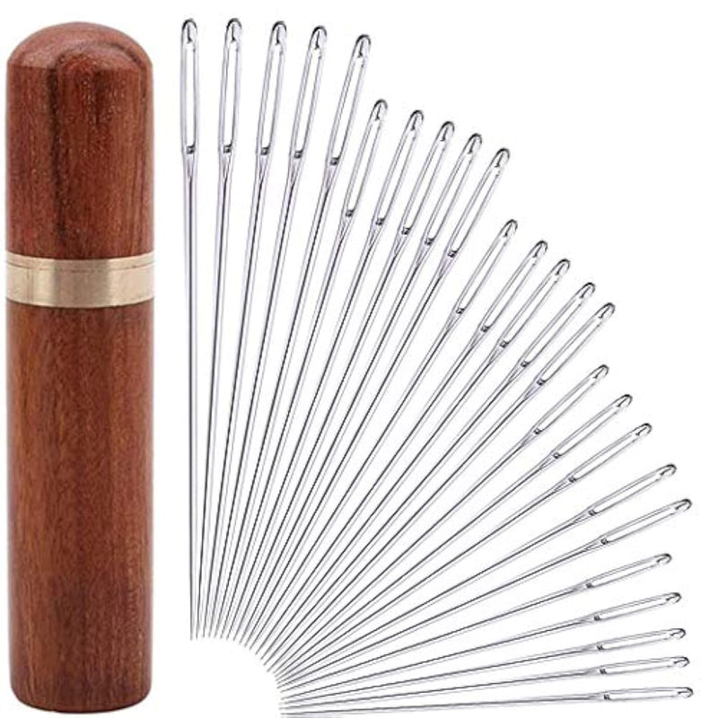 25Pieces Hand Sewing Big Eye Needles Sharp Needle?With Solid Wood Needle Case For