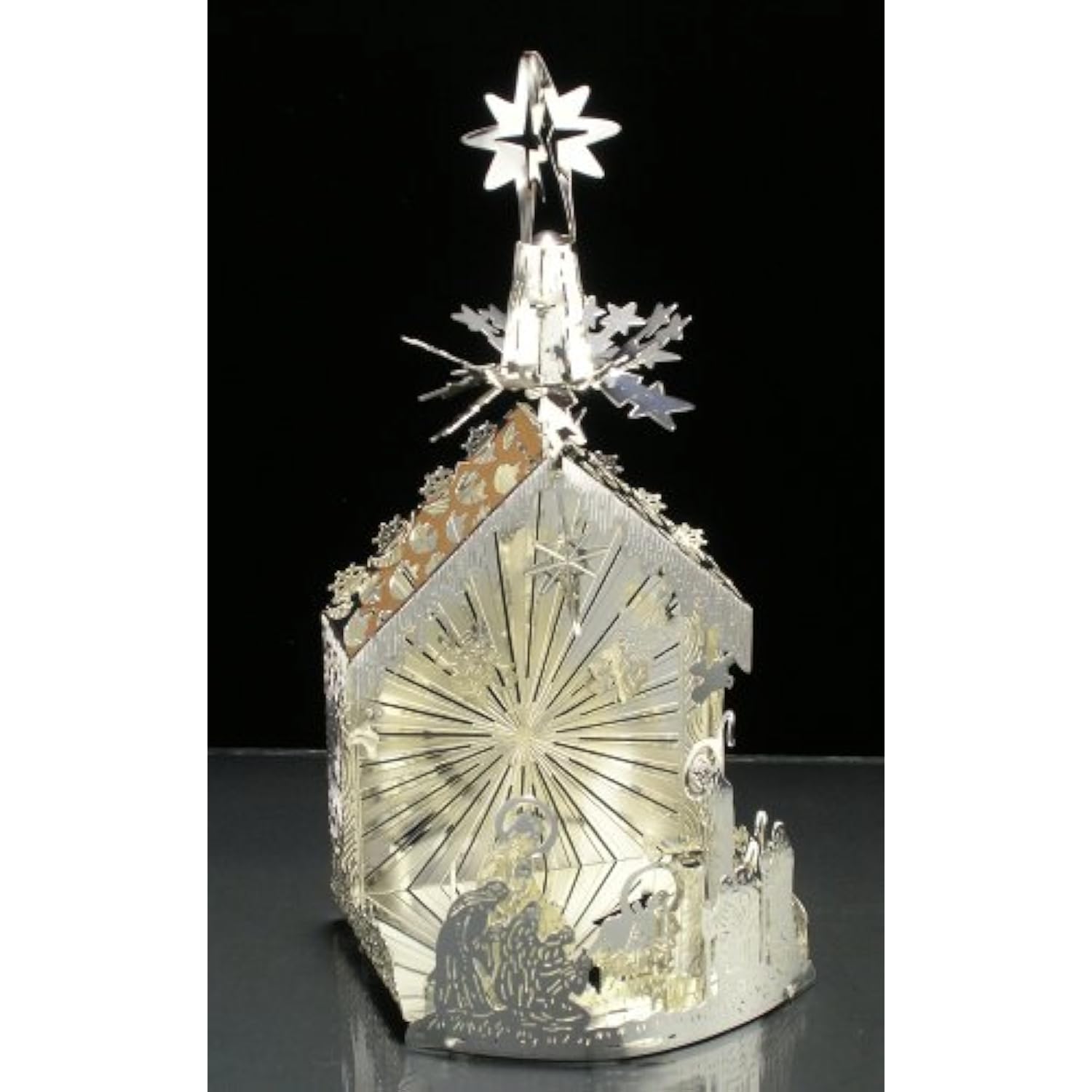 Nativity Christmas Spinning Stars Candleholder - Laser Cut Silver Plated Holy Family - Tea Light Candle Holder - Scandinavian Design - Measures 6" H X 2.75" W.