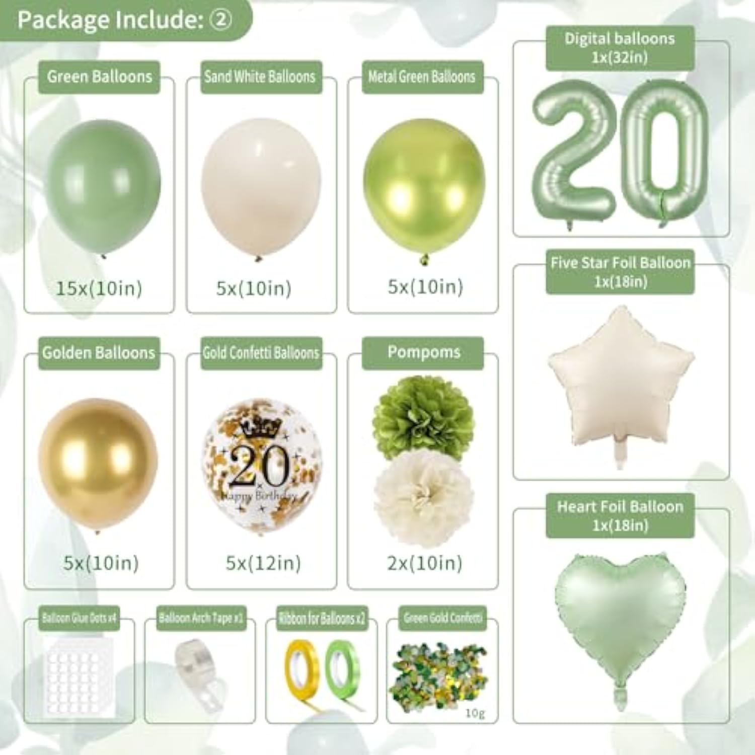 Sage Green 20th Birthday Decor – Balloons, Banner, Sash, Crown & More Party Supplies