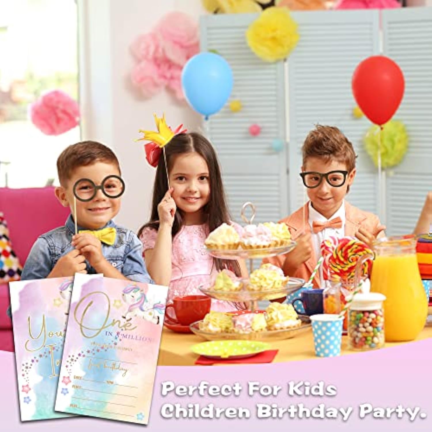 Unicorn Birthday Invitations For Boys Girls, Rainbow Birthday Party Supplies And Decoration, 20 Cards With 20 Envelopes -A04