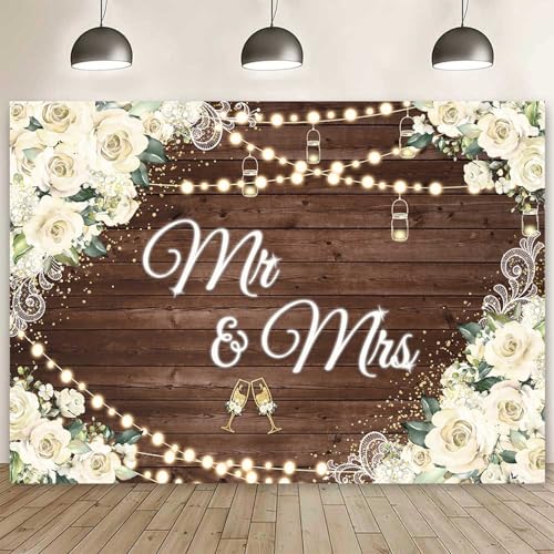 7x5ft Floral Mr and Mrs Engagement Decorations Backdrop White Flowers Wooden Wedding Shower Background Bride and Groom Engaged Ceremony Anniversary Bridal Shower Party Banner Photo Booth Props
