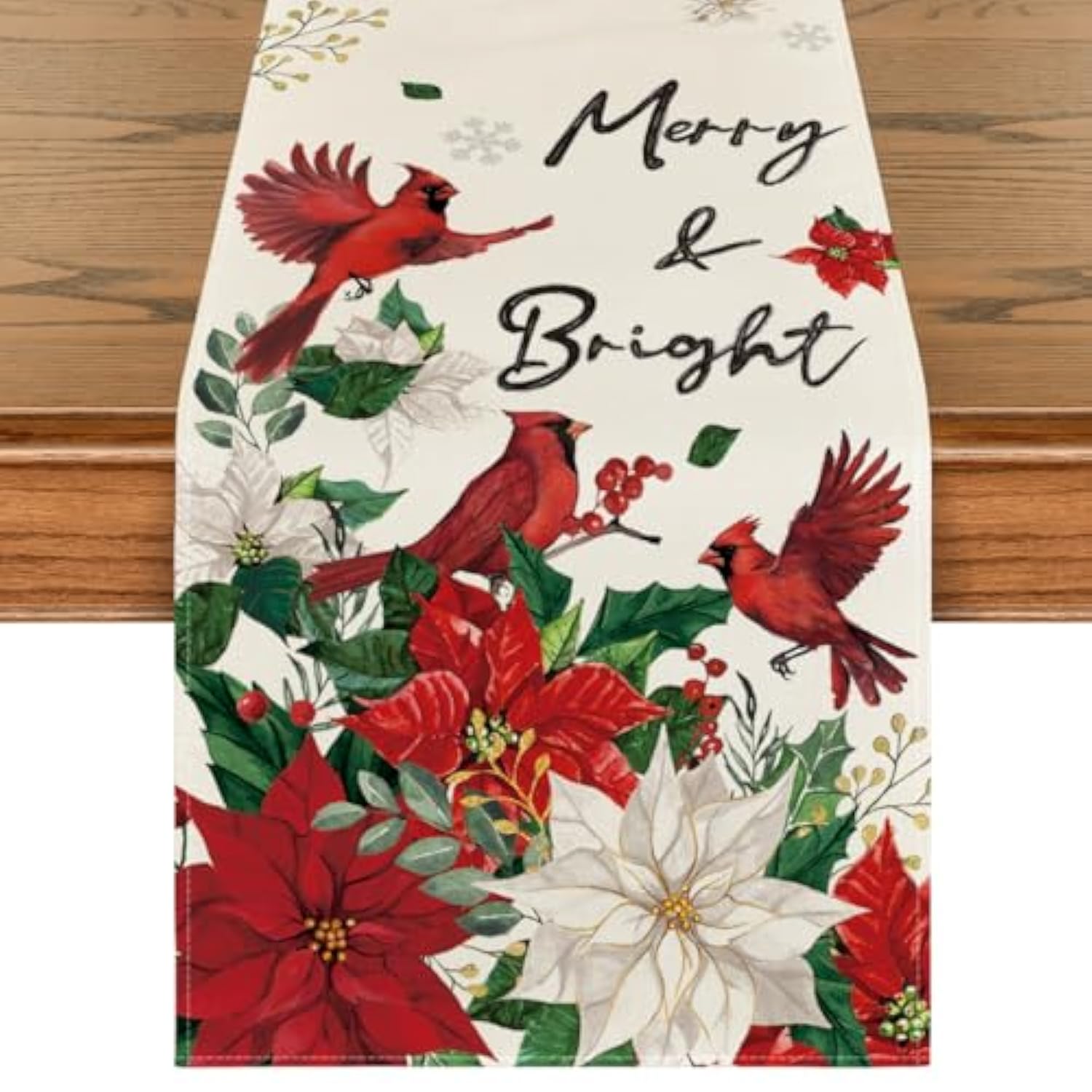 Poinsettia Birds Snowflake Merry Christmas Table Runner, Seasonal Winter Floral Kitchen Dining Table Decoration For Home Party Decor 13X48 Inch