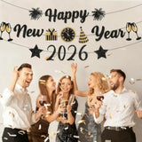 Black Gold Happy New Year 2026 Glitter Banner Party Decorations