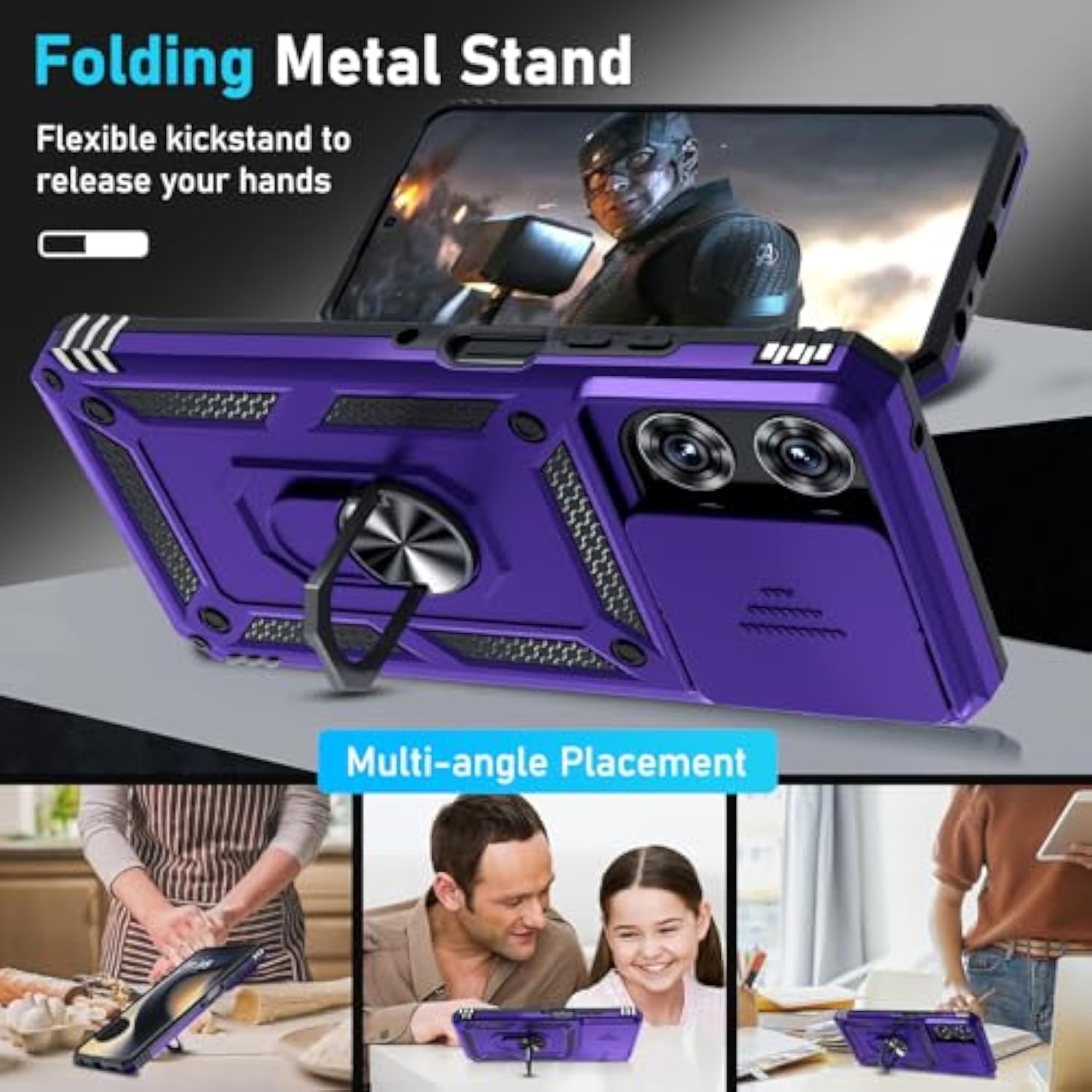 Compatible With Moto G Power 5G 2025 Case Built In Slide Camera Lens Cover+Screen Protector+Finger Ring Holder Kickstand,Heavy Duty Shockproof Full Body Protective Phone Cover,Purple
