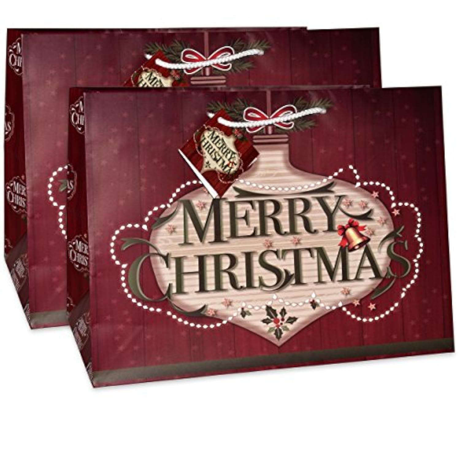 12 Jumbo Christmas Tote Bags With Handles 15" Wide X 11" High X 11" Deep Extra Wide Large Giant Reusable Grocery Shopping Paper Bags Big Gusset For Food Cookie Container & Foil Tin Pan