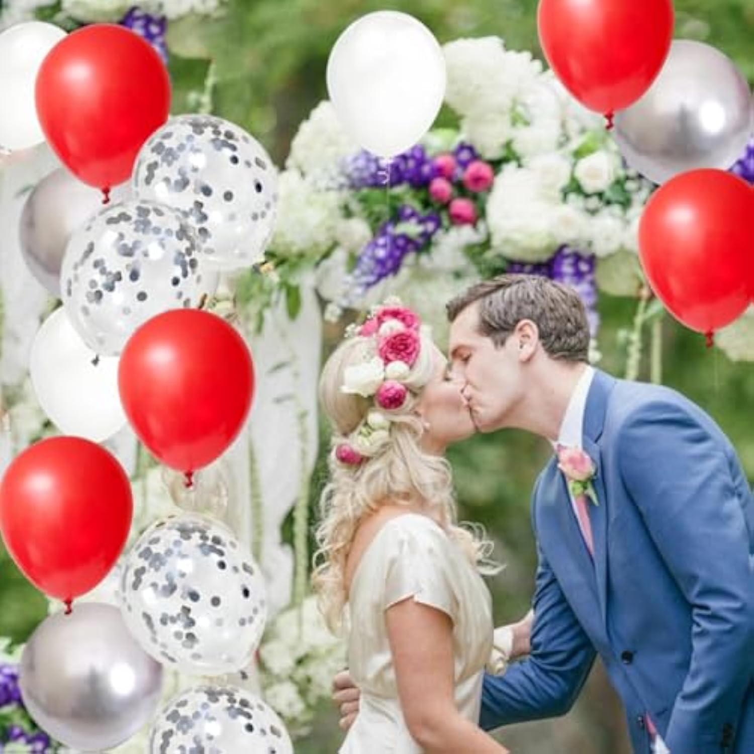 Red White Silver Balloon Garland Arch Kit, 122Pcs Red White Balloons Metallic Silver Balloons For Brithday Wedding Anniversary Engagement Bridal Shower Christmas Party Decorations