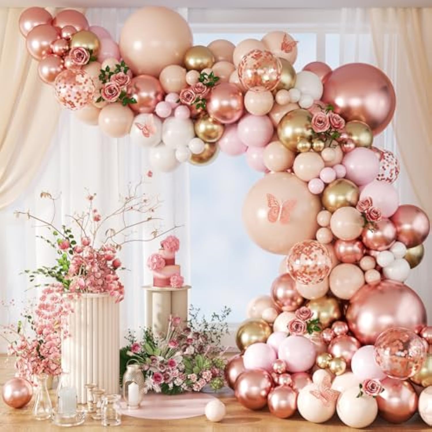 132Pcs Rose Gold Balloon Arch Kit with Confetti Balloons for Party & Event Decor