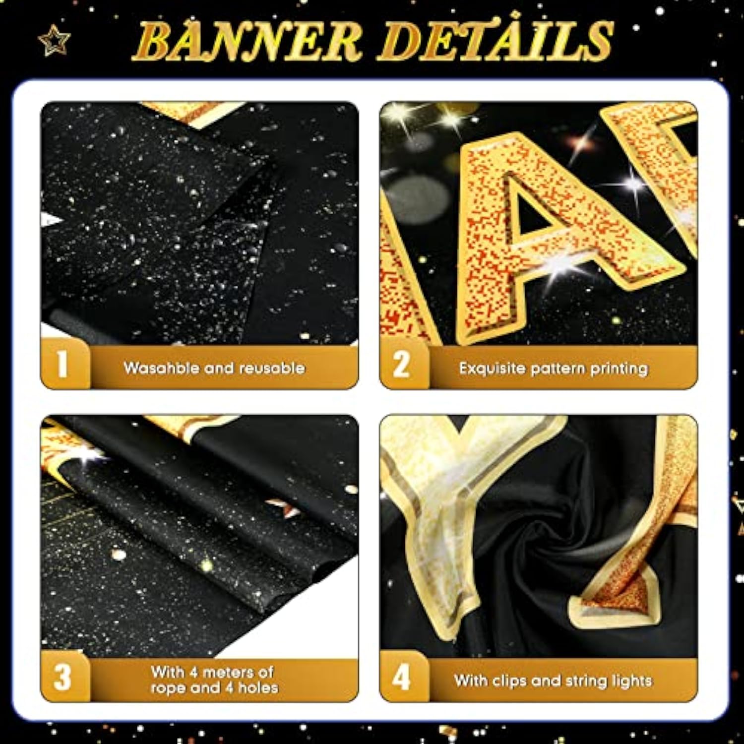 Jumbo LED "Happy New Year" Yard Sign 118" x 19.6" Black & Gold Light-Up Banner