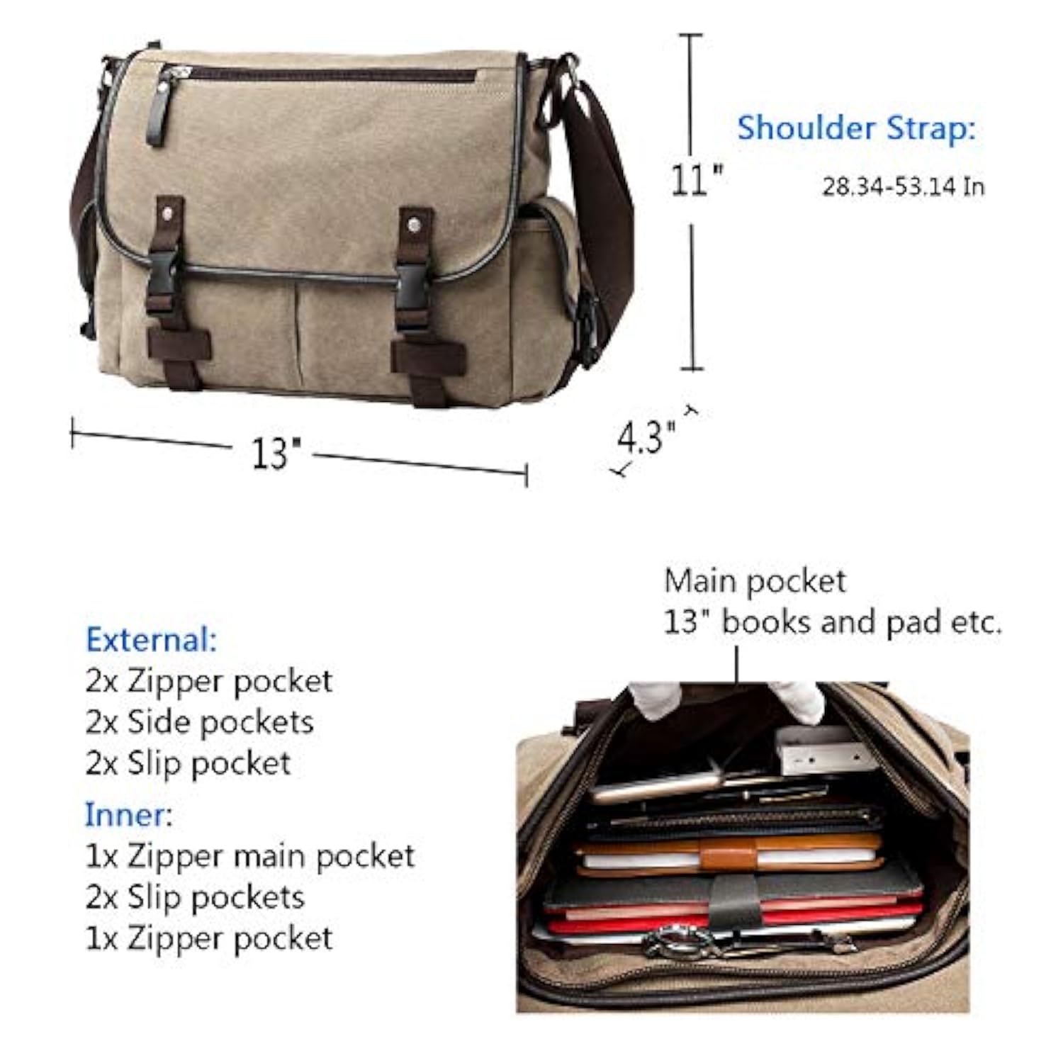 Vintage Canvas Messenger Large Book Laptop Shoulder School Bag for Women & Men