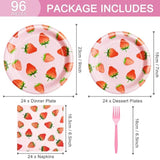 96 Pcs Strawberry Birthday Party Plates Napkins Forks Supplies Summer Fruit Tableware Set Disposable Strawberry Theme Decoration For Girls, Serves 24 Guests