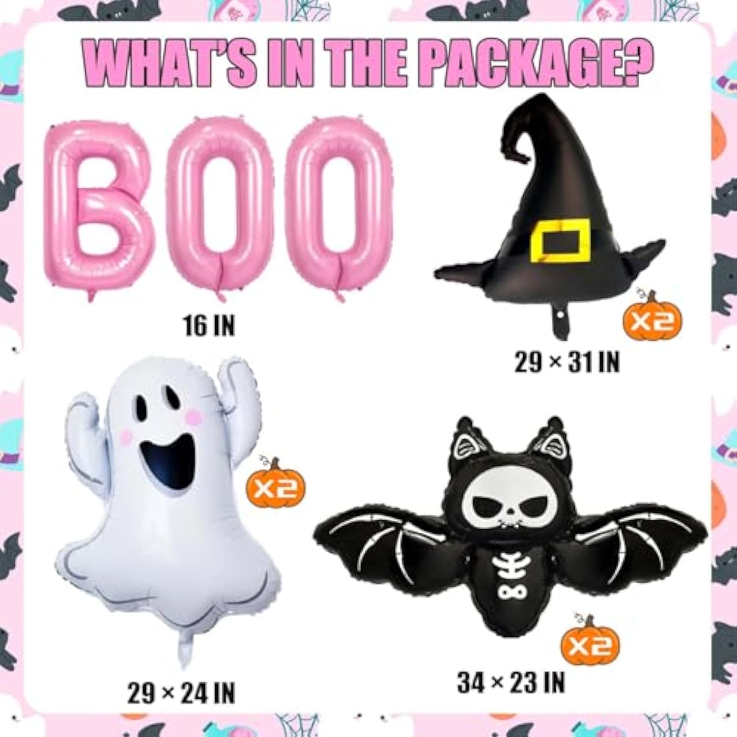 Pink Halloween Balloon Set: BOO Ghost, Bat, Witch Hat Foil Decor