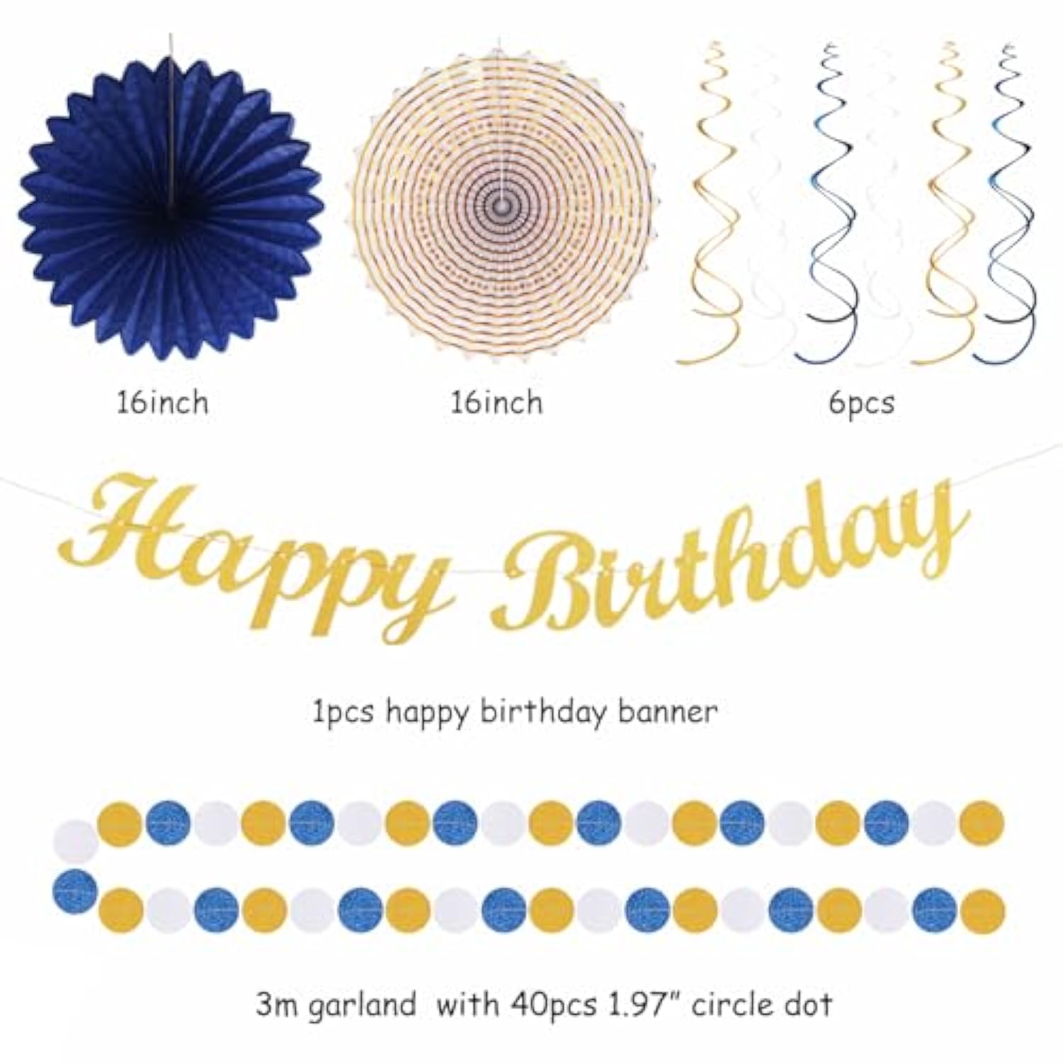 Navy Blue & Gold Birthday Decoration Set: Banner, Pom Poms, Lanterns - 21 Piece