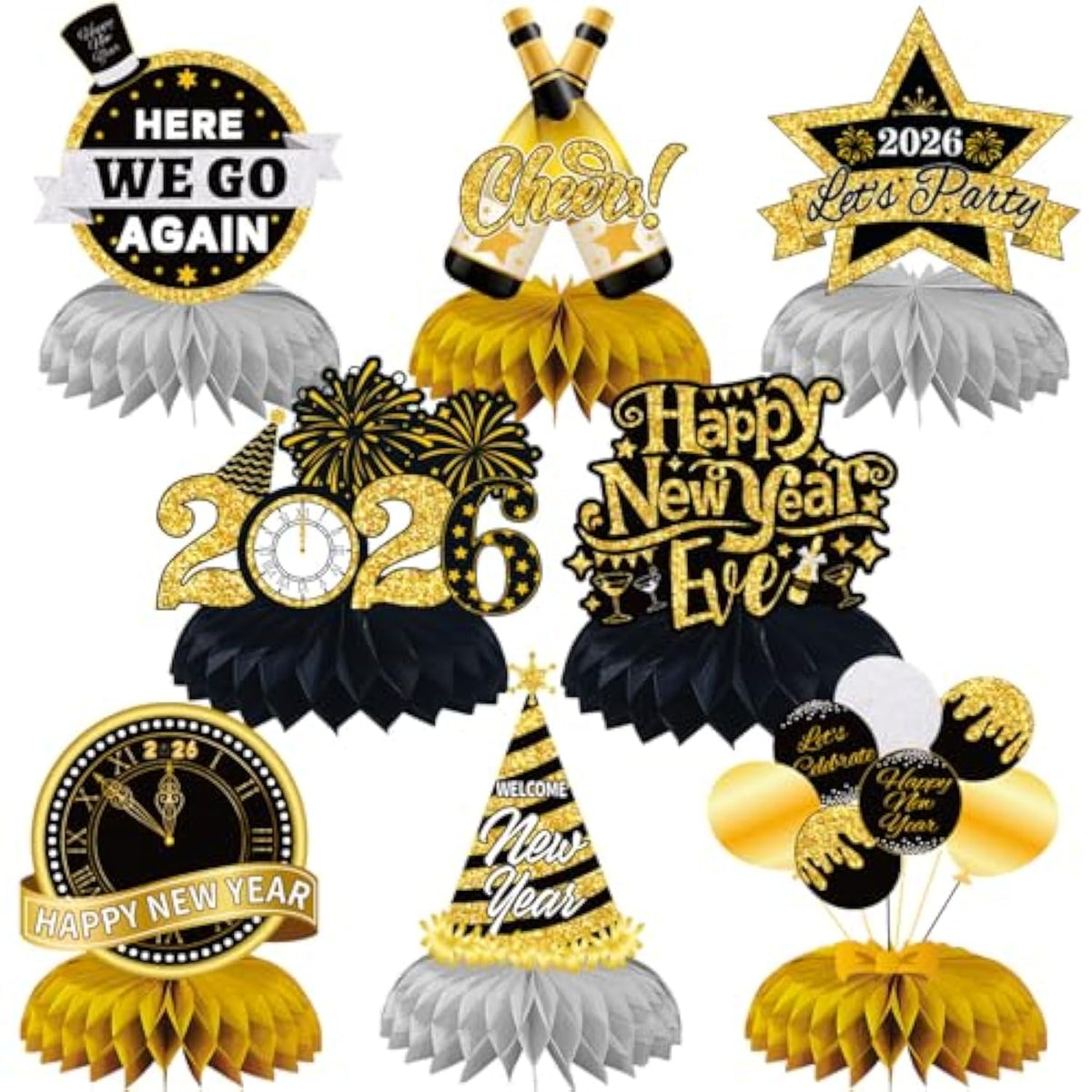 8 Pcs Black & Gold New Year 2026 Honeycomb Table Centerpieces