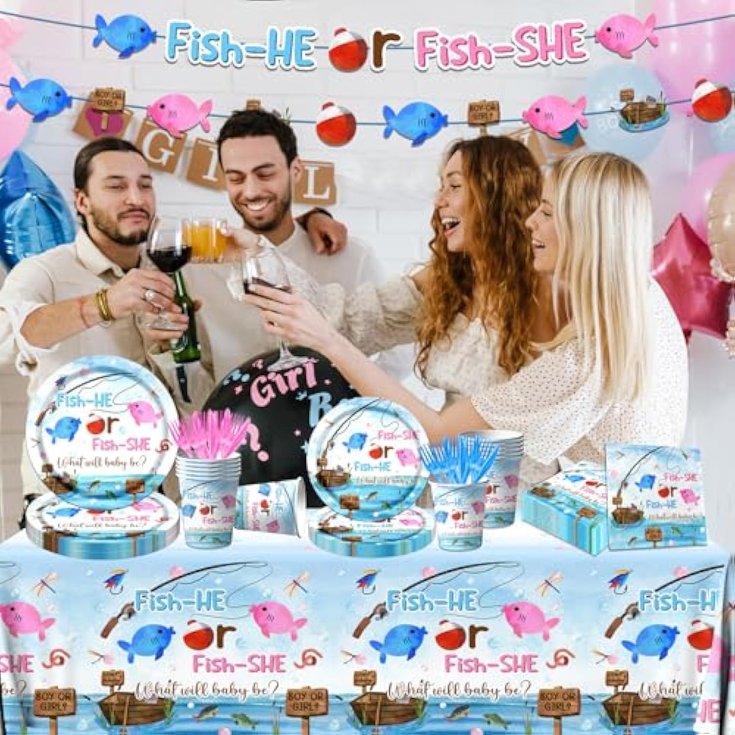 Gone Fishing Gender Reveal Party Tableware 142Pcs Fish She Or Fish He Gender Reveal Disposable Tablecloth,Plates,Napkins,Cups,Forks And Knives For Baby Shower Decoration Of Gender Reveal