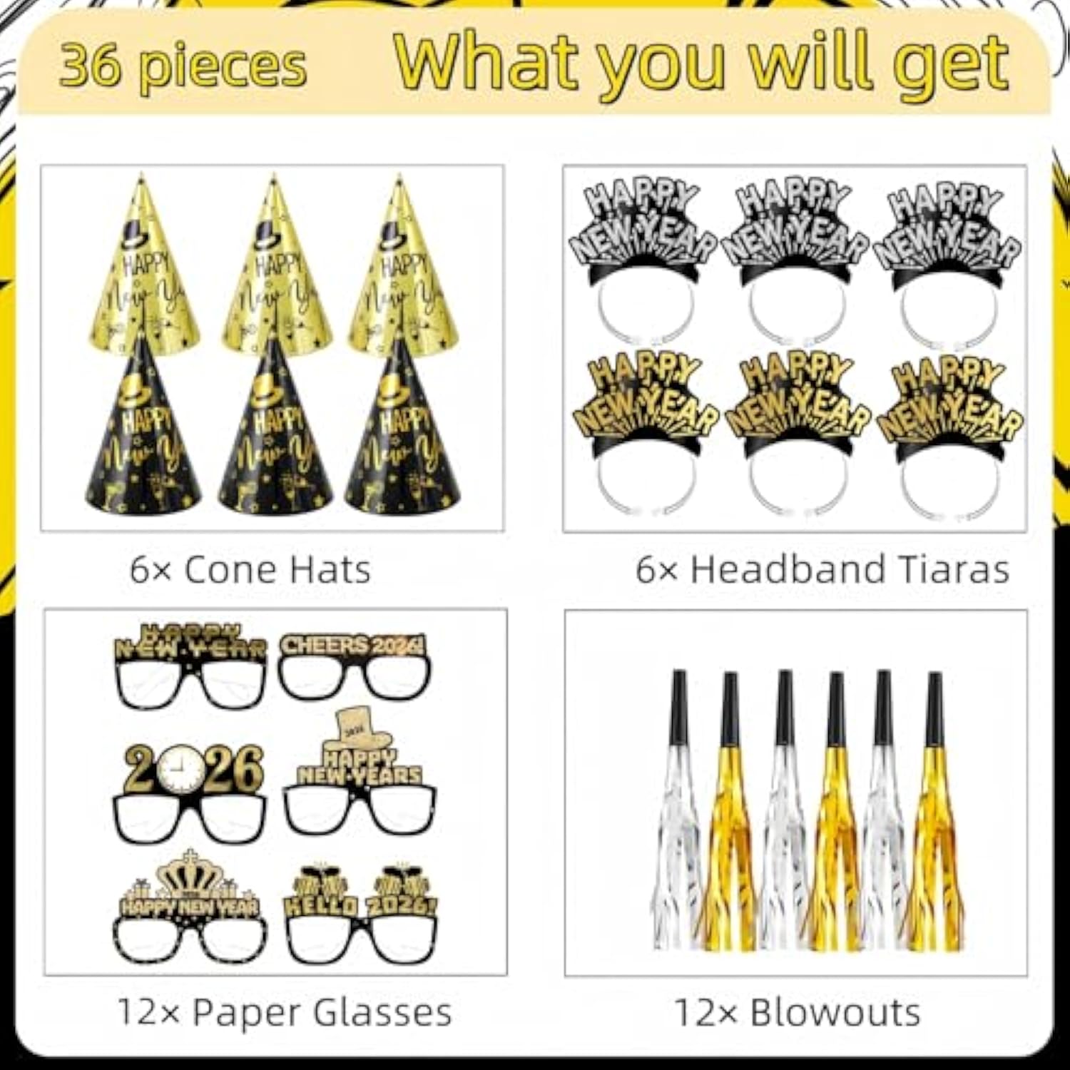 36Pcs New Year Eve 2026 Party Supplies Hats Headbands Glasses Noise Makers