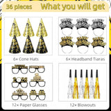 36Pcs New Year Eve 2026 Party Supplies Hats Headbands Glasses Noise Makers