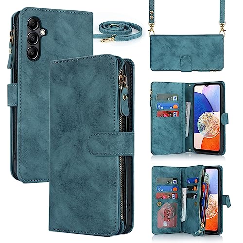 for  Galaxy A14 5G Wallet Case with Card Holder for Women, Crossbody Lanyard Strap Kickstand PU Leather Case with Zipper Pocket Credit Card