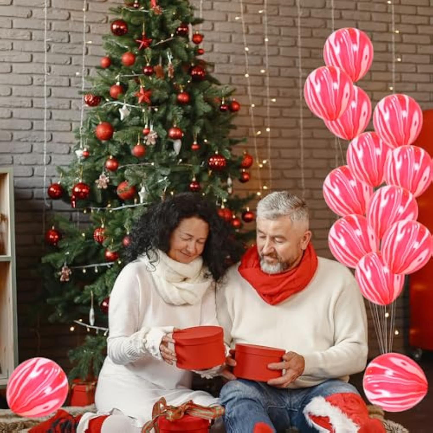 50Pcs 12Inch Marble Latex Balloons, Red White Rainbow Marble Balloons