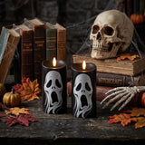 Halloween Black Flameless Pillar Candles with Ghost Decals, 2PCS