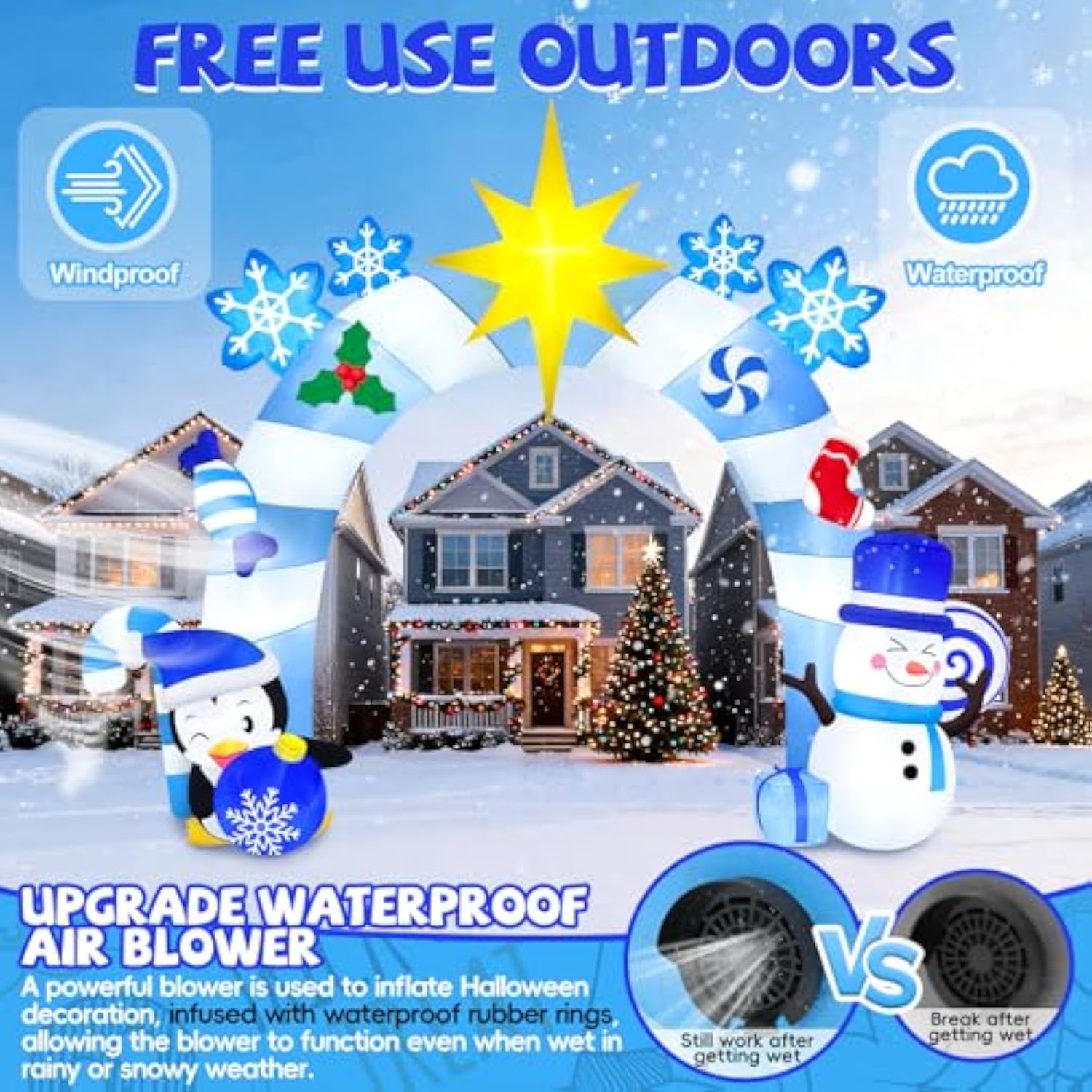 16Ft Christmas Inflatable Archway With Led Light, Blue Winter Snowman Penguins Inflatable Merry Christmas Blow Up Outdoo