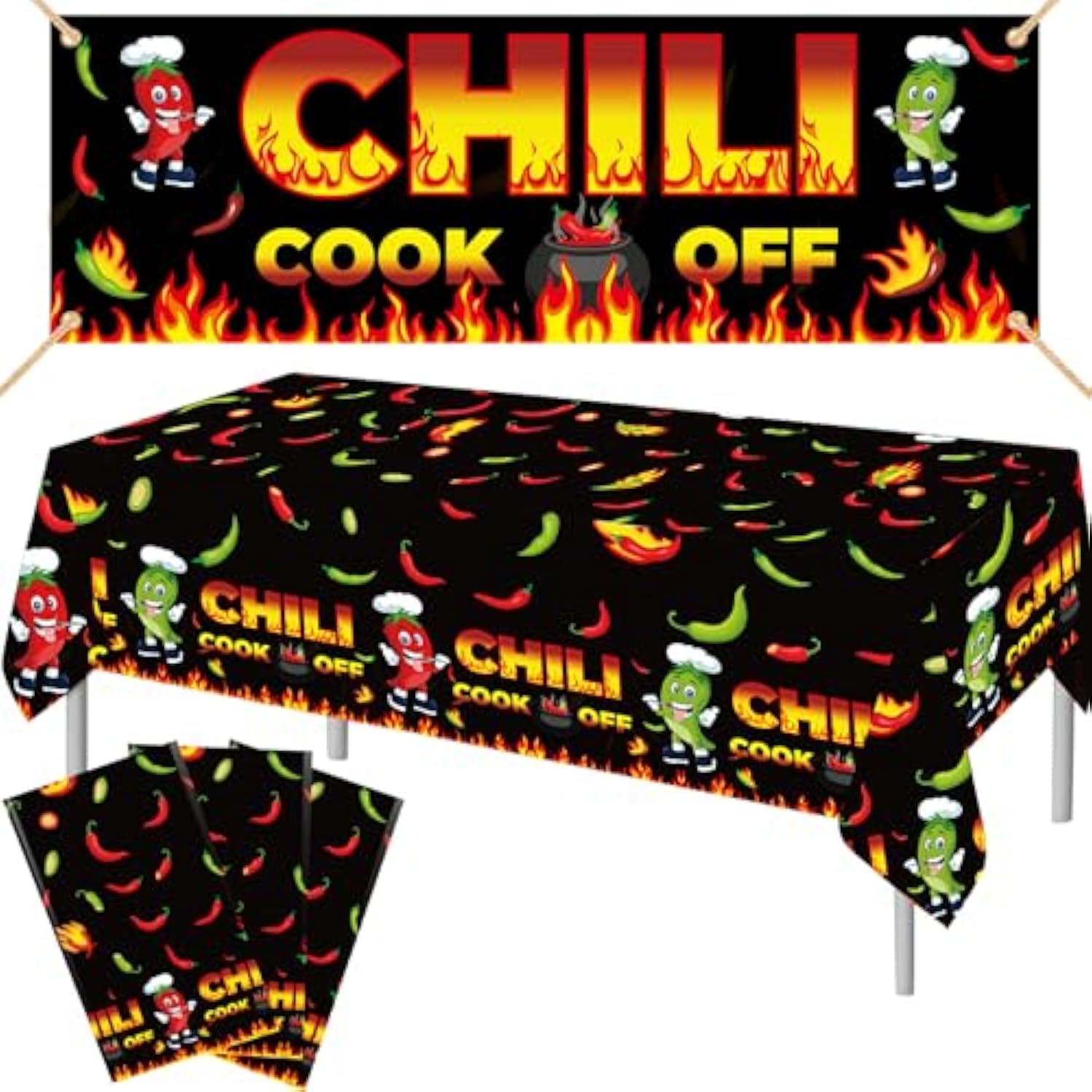Chili Cook Off Banner 71x24in with 3-Pc Chili Pepper Tablecloth Fiesta Decor