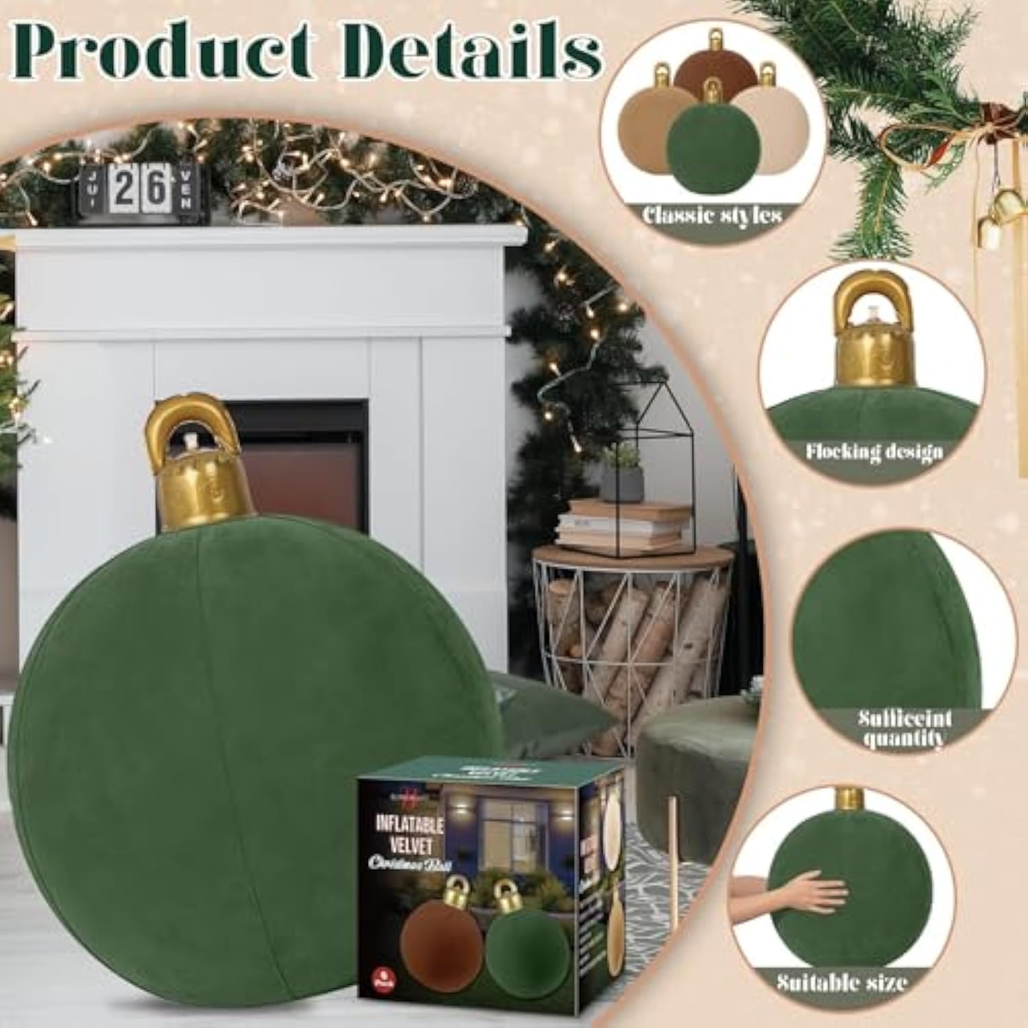 4 Pcs 18" Velvet Christmas Inflatable Ball Ornament Large Xmas Inflatable Pvc Balls Blow Up Flocked Christmas Ornaments