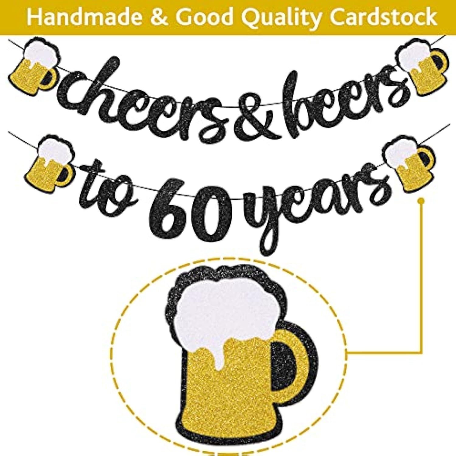 60th Birthday Black and Gold Cheers Banner with Pom Poms and Swirls