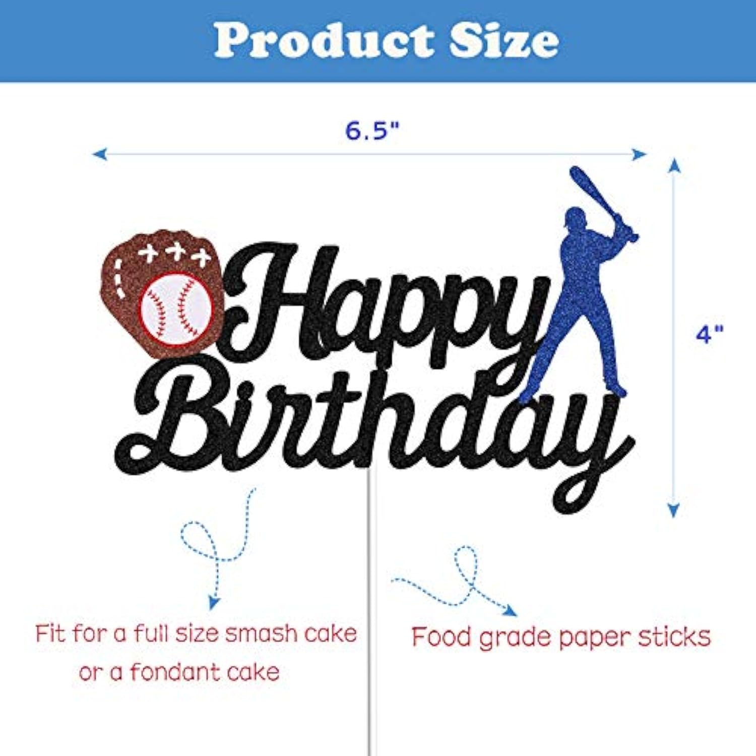 Baseball Theme Happy Birthday Cake Topper Black Glitter Sports Party Decor