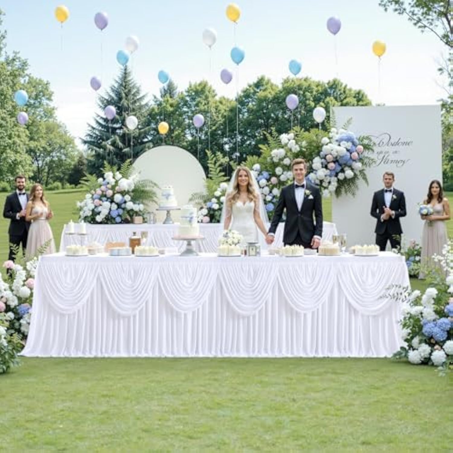 White Tutu Table Skirts For Rectangle Tables 6Ft Draped Pleated Table Skirt Polyester Tablecloth For Birthday Party Banquet Wedding Baby Shower